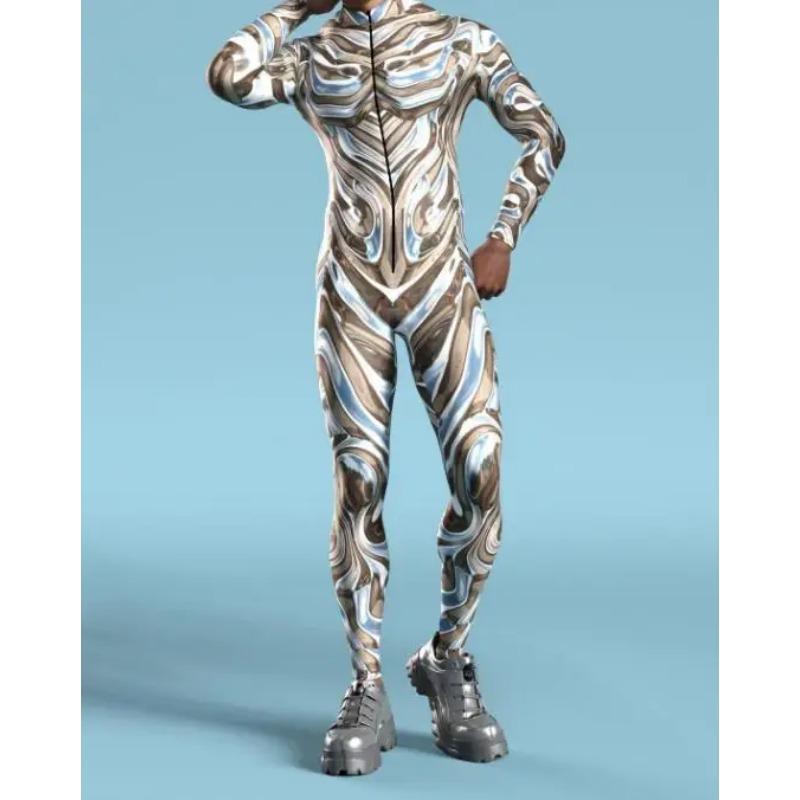 Креативный мужской комбинезон с нерегулярными линиями, 3D комбинезон в стиле киберпанк, боди на Хэллоуин, карнавальный костюм, комбинезон для выступлений, костюм зентай