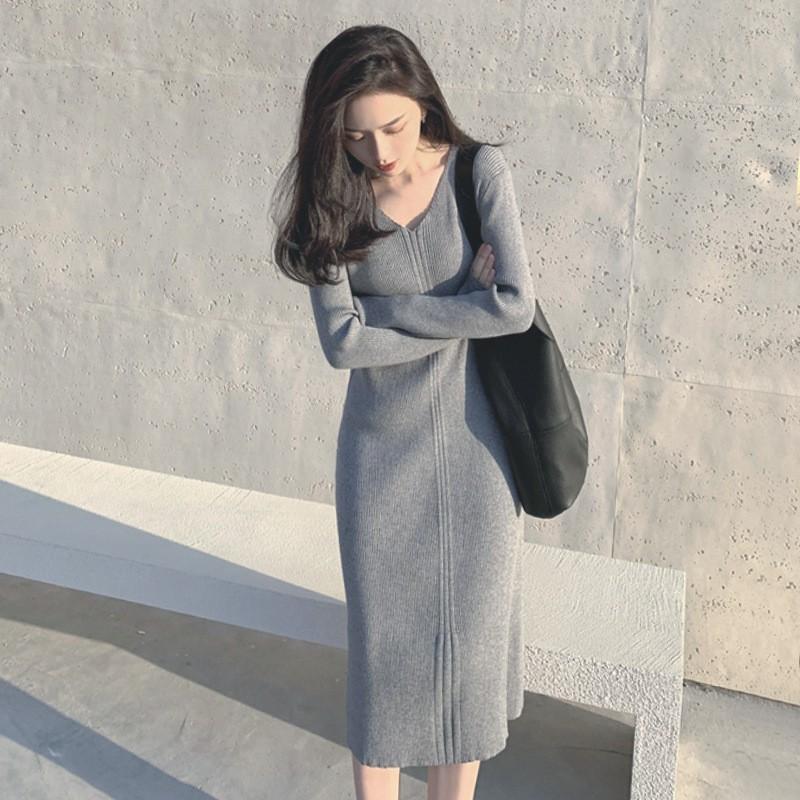 Womens V-Neck Knit Midi Dress Winter - Slim Fit Long Sleeve Cotton Blend Tunic In Black Grey