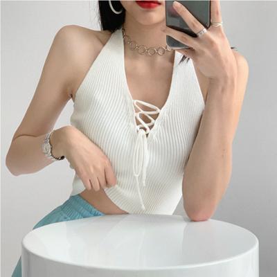 Летний стиль Spice Design Sense V-образный галстук с узким жилетом-халтер, трикотажный топ-халтер с блузкой на груди