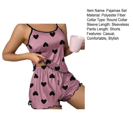 Женский пижамный комплект на бретельках без рукавов с принтом в виде сердца и шортами с оборками, комплект из двух предметов для сна, летний домашний костюм