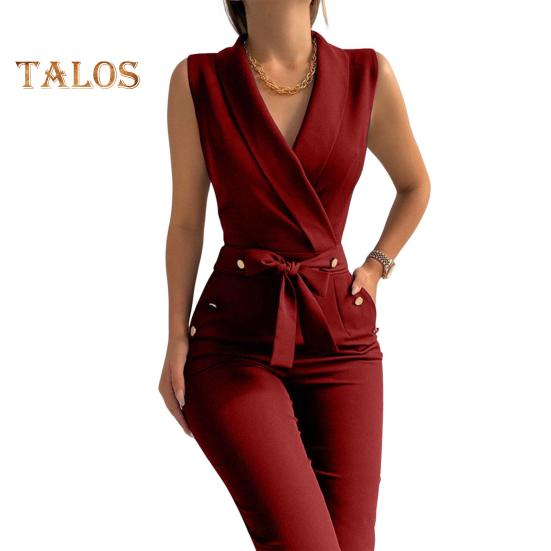 Летний женский комбинезон без рукавов с V-образным вырезом, облегающий, с пуговицами, на шнуровке, однотонный, с широкими штанинами, деловой, деловой, дорожный комбинезон