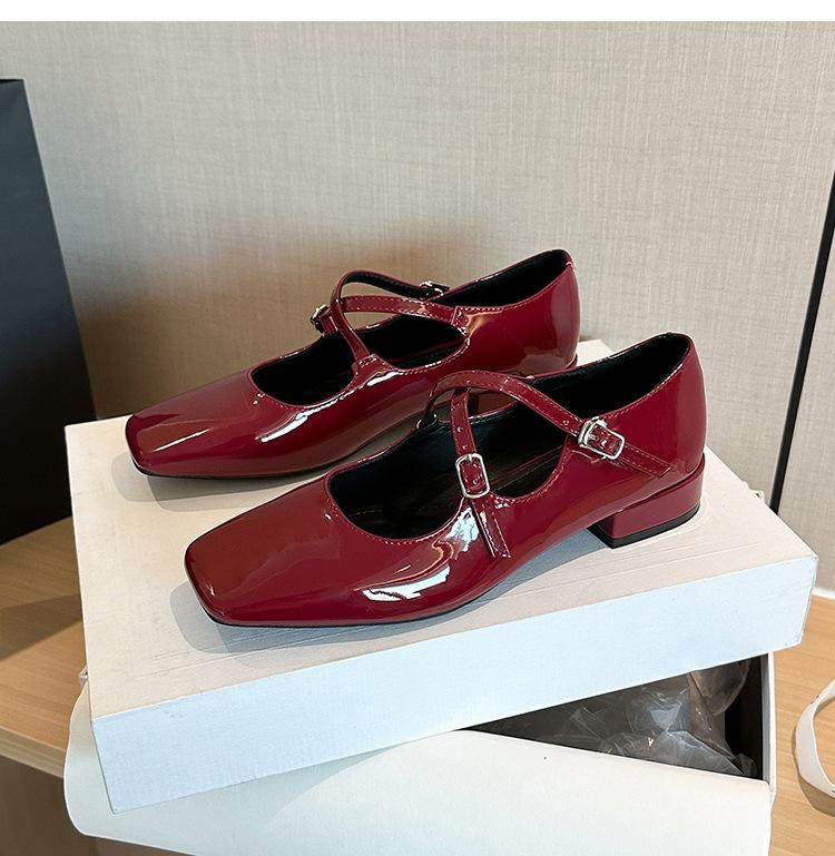2123-2 French Square Head Cross Strap Square Heel Mary Jane Single Shoes Autumn New French Versatile Low Heel Single Shoes Women
