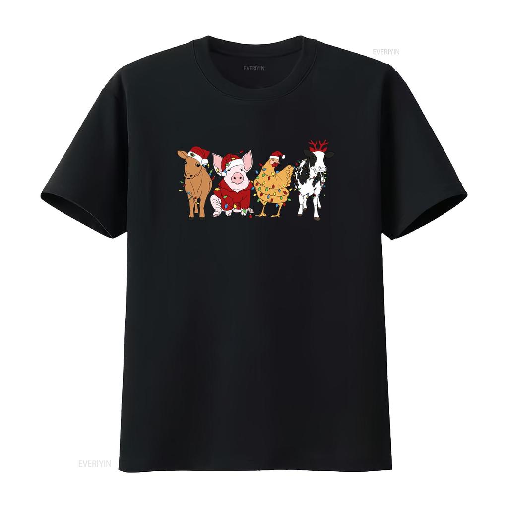 Christmas Farm Animals T Shirt Cute Highland Cow Pig Chicken Funny Holiday Design vintage Washed Top For Everyday Wear