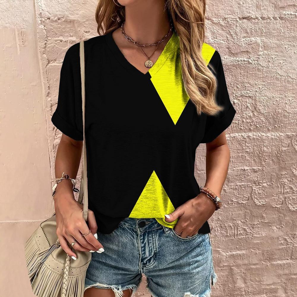 New In T Shirt For Women Summer Casual Short Sleeve V-Neck Tee Fashion Streetwear Female Oversized Clothing Women's T-Shirts