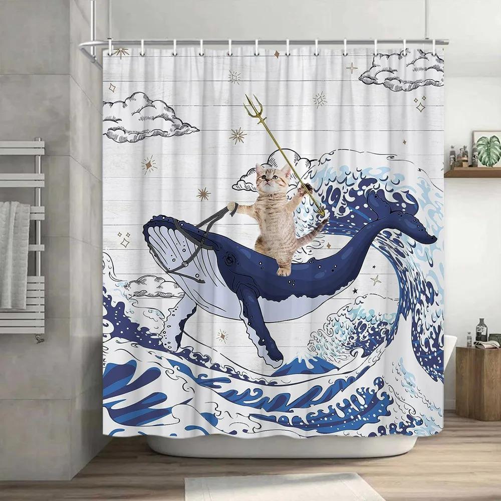 Забавная шторка для душа с кошкой Крутая шторка для ванной с динозавром Дино Дно Японское Море Океанская Волна для Детей Мальчиков Деревенский Деревянный Фермерский Дом