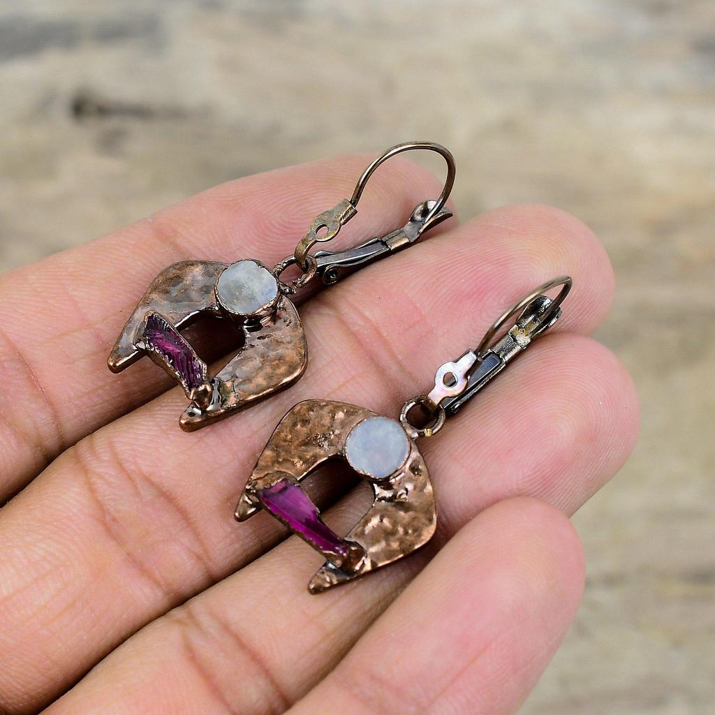 Rainbow Moonstone Rough Earring Electroformed Copper Earring Pink Tourmaline Rough Gemstone Earrings Handmade Electroformed Jewelry For Gift