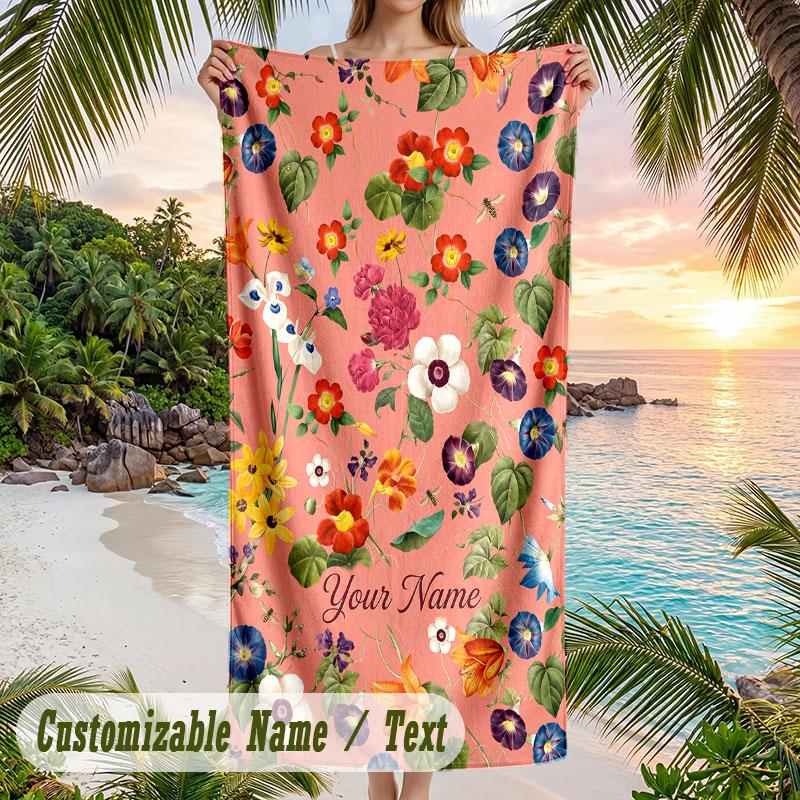 Floral 11 Theme Quick Dry Beach Towel Custom Name Text Print Large Sand Resistant Towel Beach Vacation