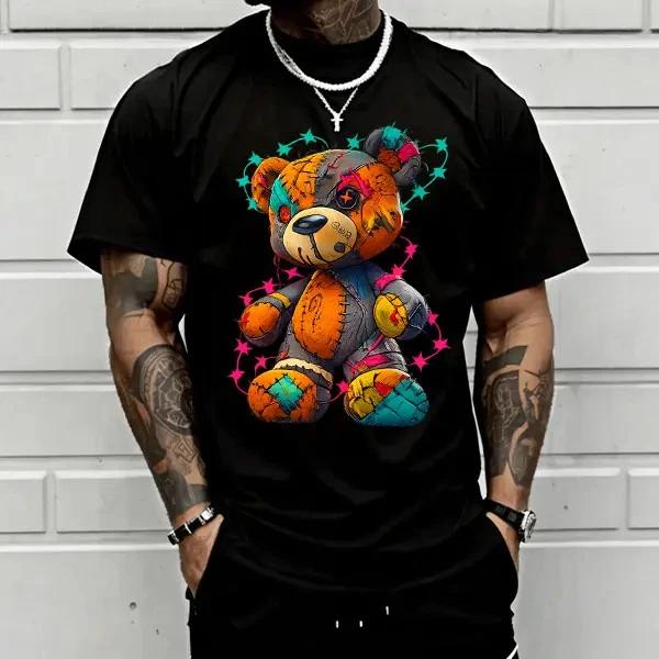 Men’s Loose Street Style T-Shirt — Colorful Patchwork Teddy Bear Graffiti