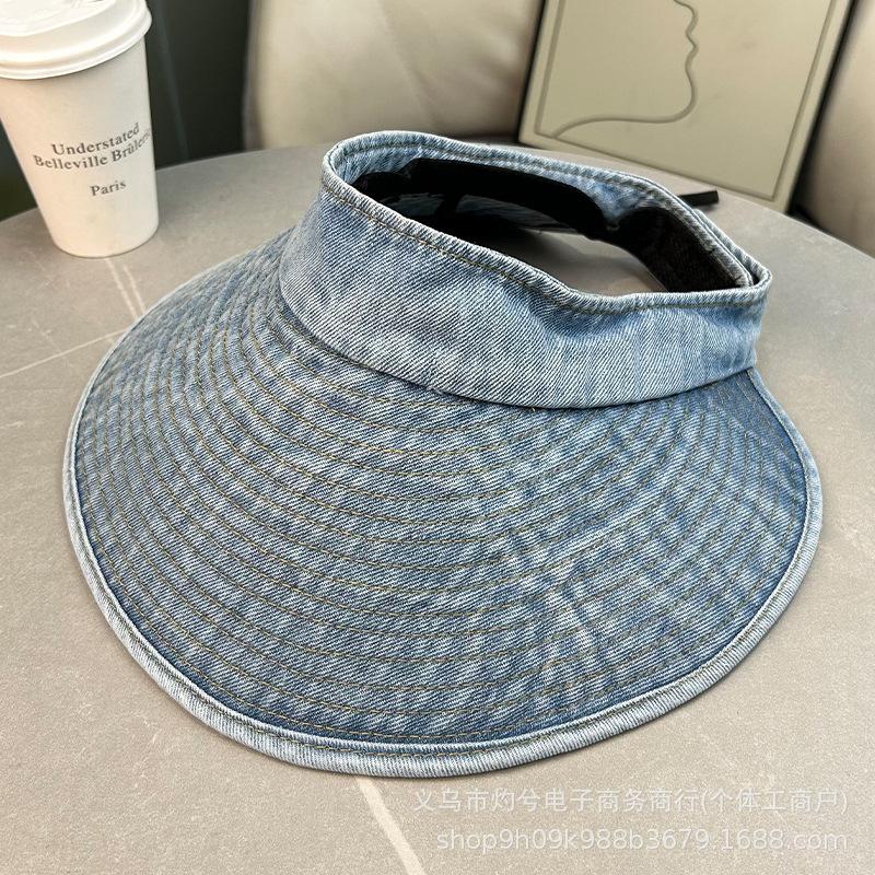 Retro simple washed denim empty top hat, large brim, sun protection, small face, versatile fisherman hat tide