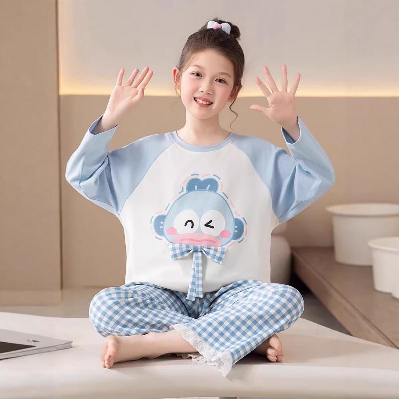 100% Cotton Long Sleeve Pajama Set Girls Cartoon Print Round Neck Comfortable Sleepwear Home Outfit
