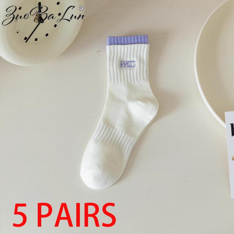 5 пар женских хлопковых носков средней длины, бесшовные, дышащие, однотонные, повседневные