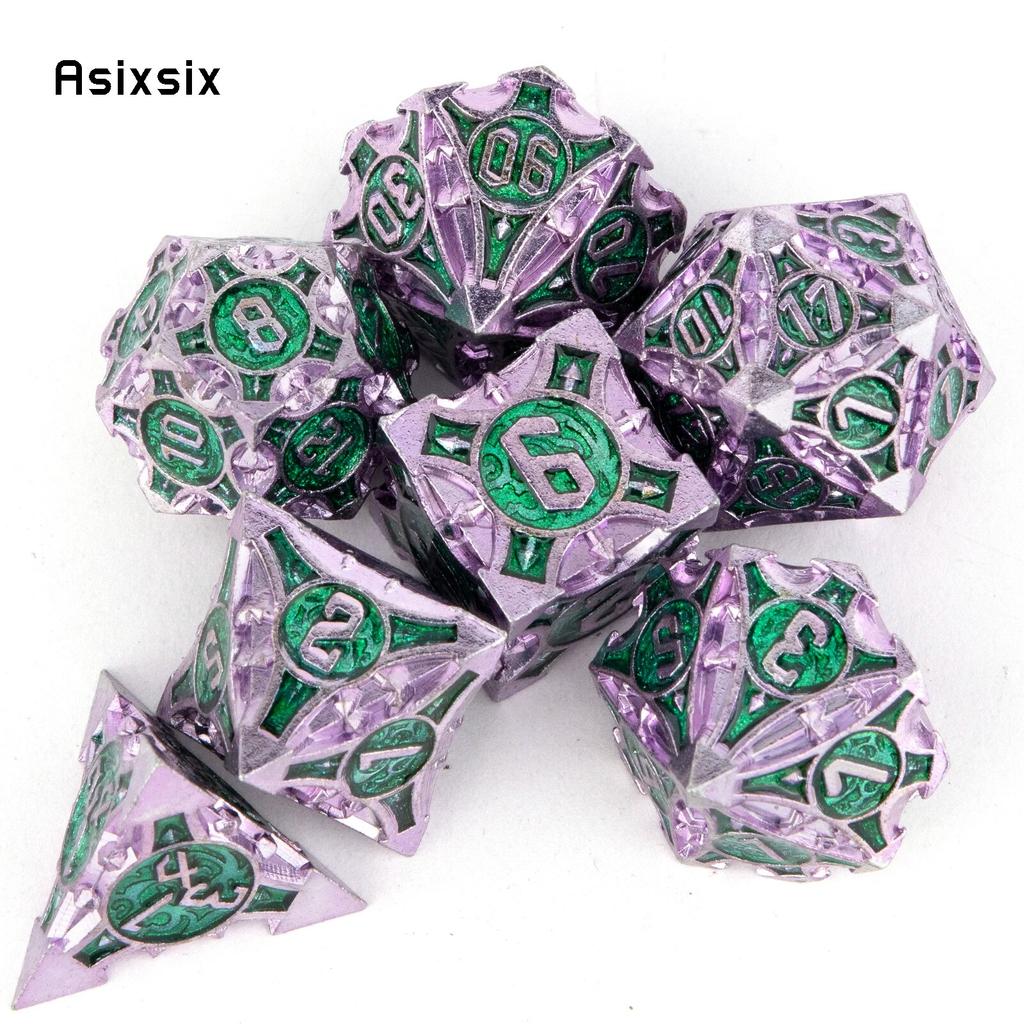 7 шт. фиолетовые, зеленые металлические кубики, набор твердых металлических многогранных кубиков, подходящий для ролевой ролевой игры, настольной игры, карточной игры