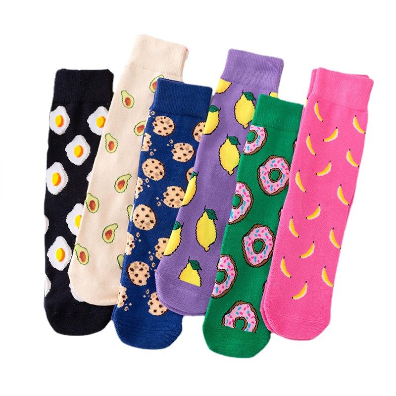Funny Harajuku Women Casual Cartoon Fruit Sock Hot Sale Banana Avocado Lemon Egg Cookie Donuts Colorful Japanese Skateboard Sock