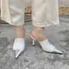 2025 Spring and Summer New Pointed Head Thin Heel Fashion Bag Head Half Drag Color Matching High Heel Slippers Medium Heel Sandals Outside Wear