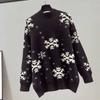 Women Christmas Sweaters Red Black Long Sleeve Jumpers Female Casual Mock Neck Pullovers Snowflake Pattern New Year Sweaters