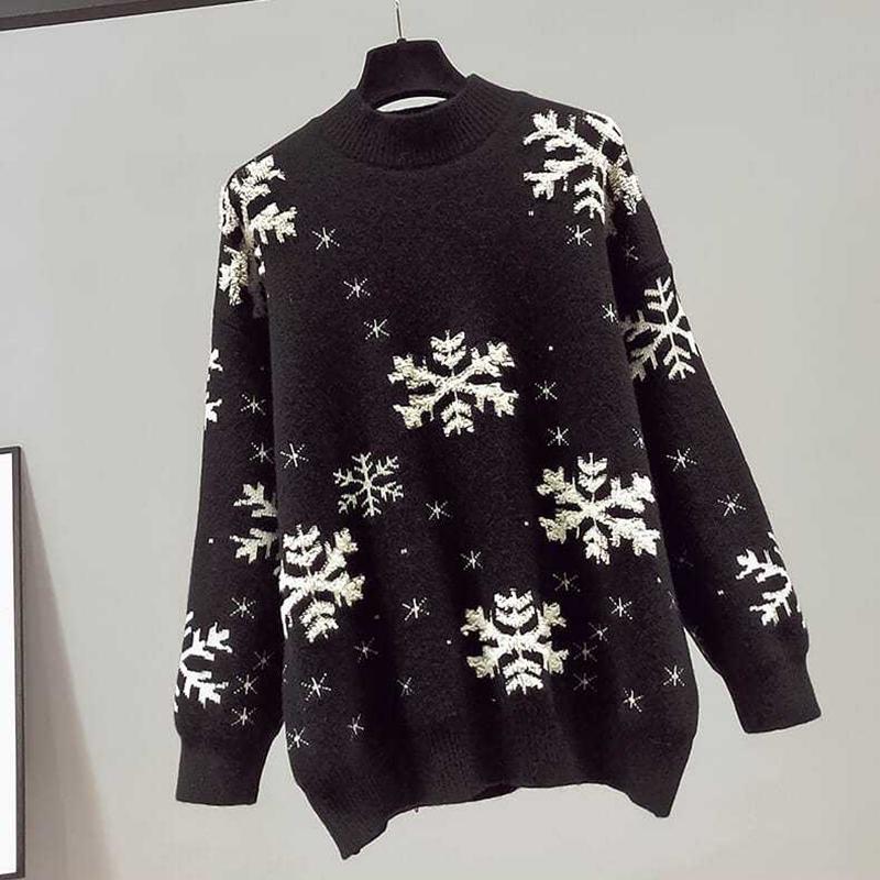 Women Christmas Sweaters Red Black Long Sleeve Jumpers Female Casual Mock Neck Pullovers Snowflake Pattern New Year Sweaters