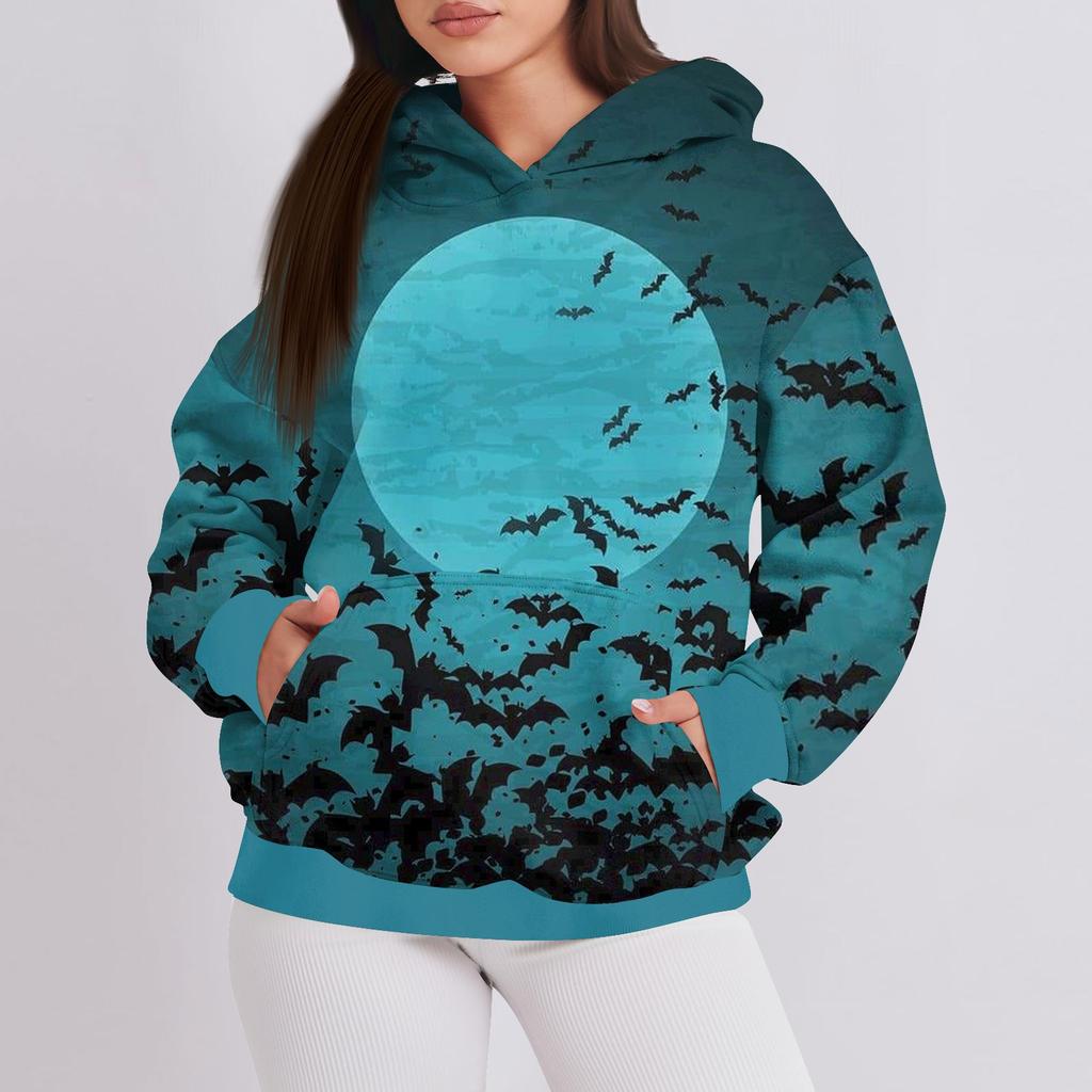 Women's Fashion Casual Pullover Hooded Sweatshirt Halloween Printed Long Sleeve Sweatshirt