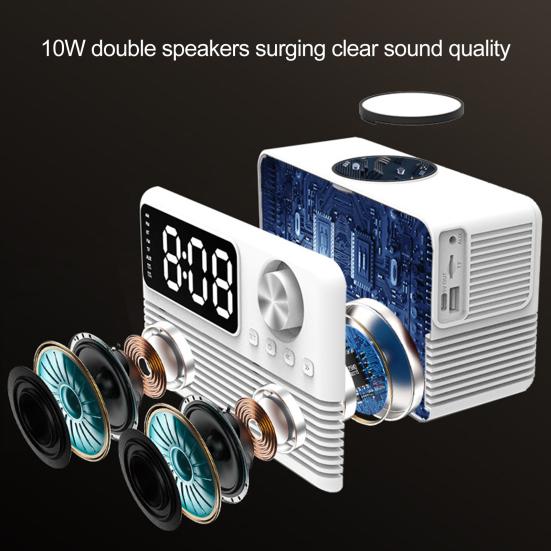 Bluetooth-совместимый динамик с быстрым беспроводным зарядным устройством 15 Вт, стабильное соединение, многофункциональная зарядная станция с будильником и радио 4 в 1