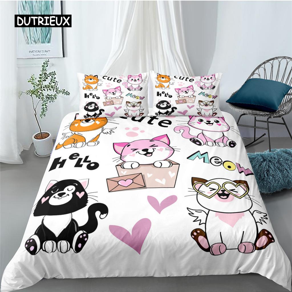 Cartoon Cat Duvet Cover Set for Kids Girl Microfiber Kitten 2/3pcs Cartoon Animal Bedding Set Single Twin Queen King Quilt Cover