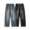 Elastic Waist Drawstring Grinding White Retro Jeans Men's Hong Kong Style Loose Straight Street Wide-leg Pants