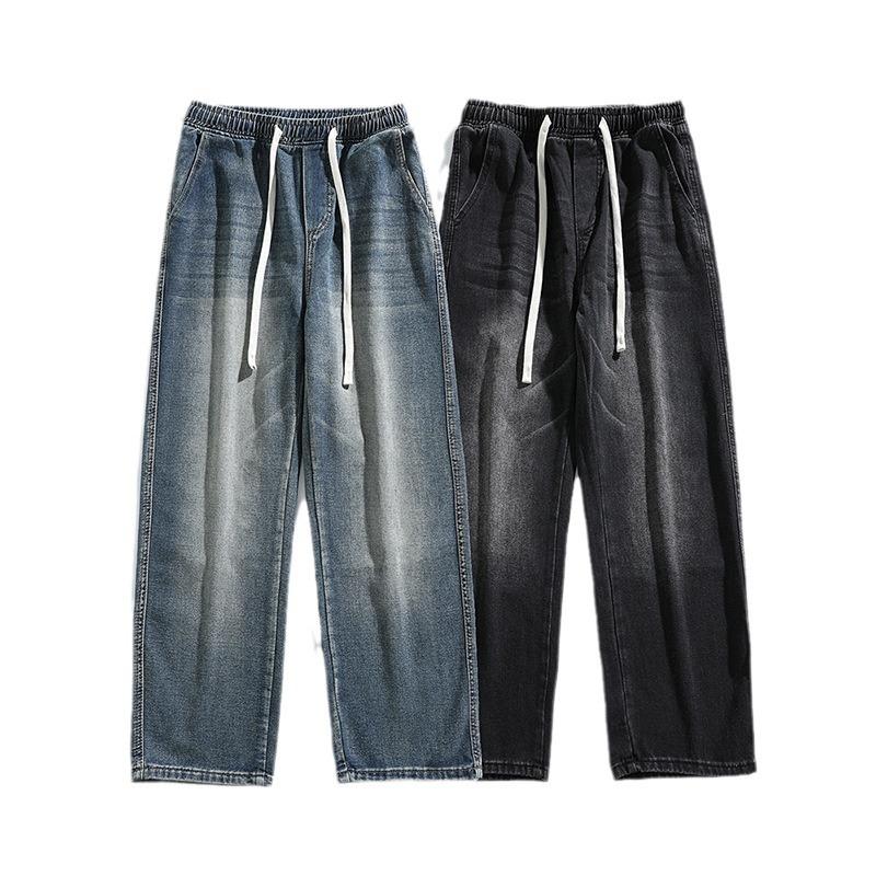 Elastic Waist Drawstring Grinding White Retro Jeans Men's Hong Kong Style Loose Straight Street Wide-leg Pants