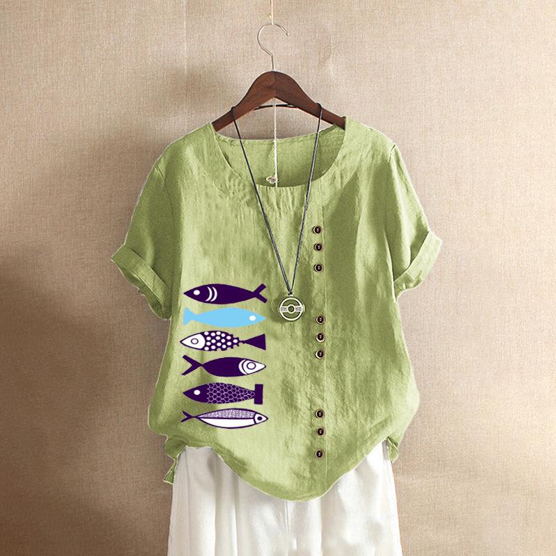 2025 Хлопковая женская одежда с ретро-узором в виде рыбки, повседневная свободная футболка из хлопка и льна с короткими рукавами, женская одежда, большой размер