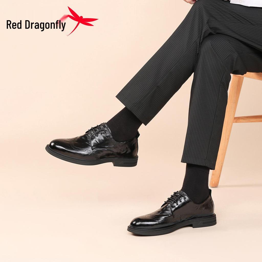 2026 Red Dragonfly Мужские классические туфли-броги из кожи с бархатом, натуральная кожа, перфорированный дизайн, идеально подходят для свадеб и деловых встреч.