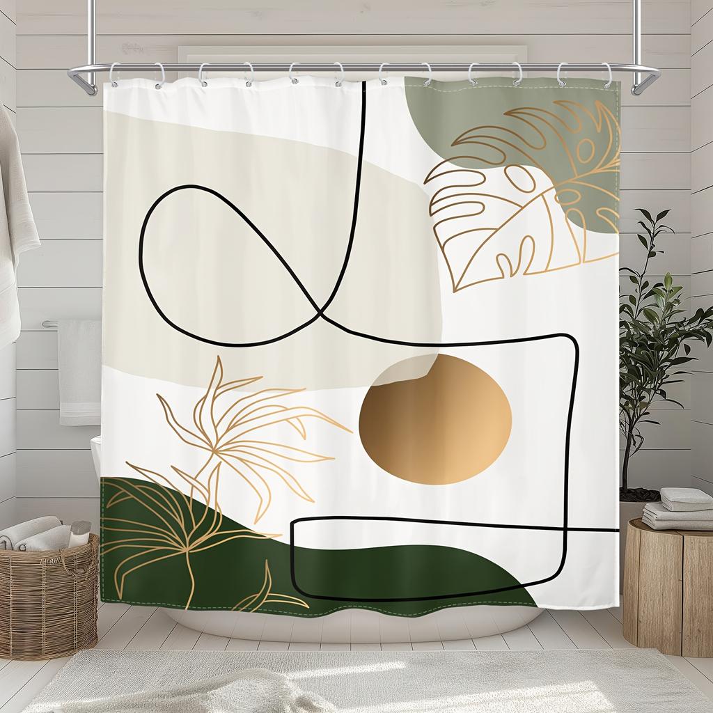 Mid-Century Green Abstract Shower Curtain - Simple Modern Aesthetic, Waterproof, Bathroom Decor