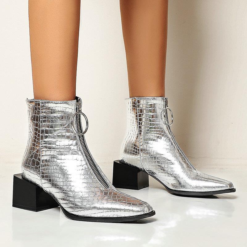 Женские ботильоны в британском стиле, модные уличные стили, серебристый квадратный носок, квадратный каблук 4 см, вечернее платье для зрелых женщин, туфли на высоком каблуке