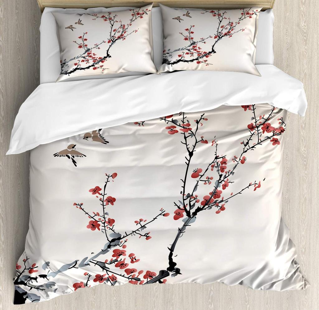 Cherry Blossoms Duvet Cover King/Queen Size,Japanese Sakura Tree Pink Floral Spring Vintage Cultural Bedding Set for Women Girls