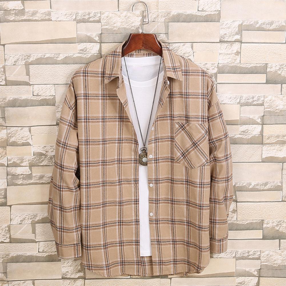 Мужская весенне-осенняя блузка с отложным воротником, однобортная, в клетку, с длинным рукавом, удобный крой, японский стиль, кардиган, официальный, деловой