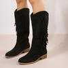 Women's Large Denim Tassel Knight Boots - Mid-Heel, Knee-Length (2024 Autumn/Winter Collection)