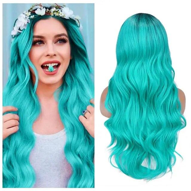 Long Wavy Wigs Ombre Gray To Watermelon Red Black Grey Purple Blue Brown Synthetic Hair For Black White Women Cosplay Party
