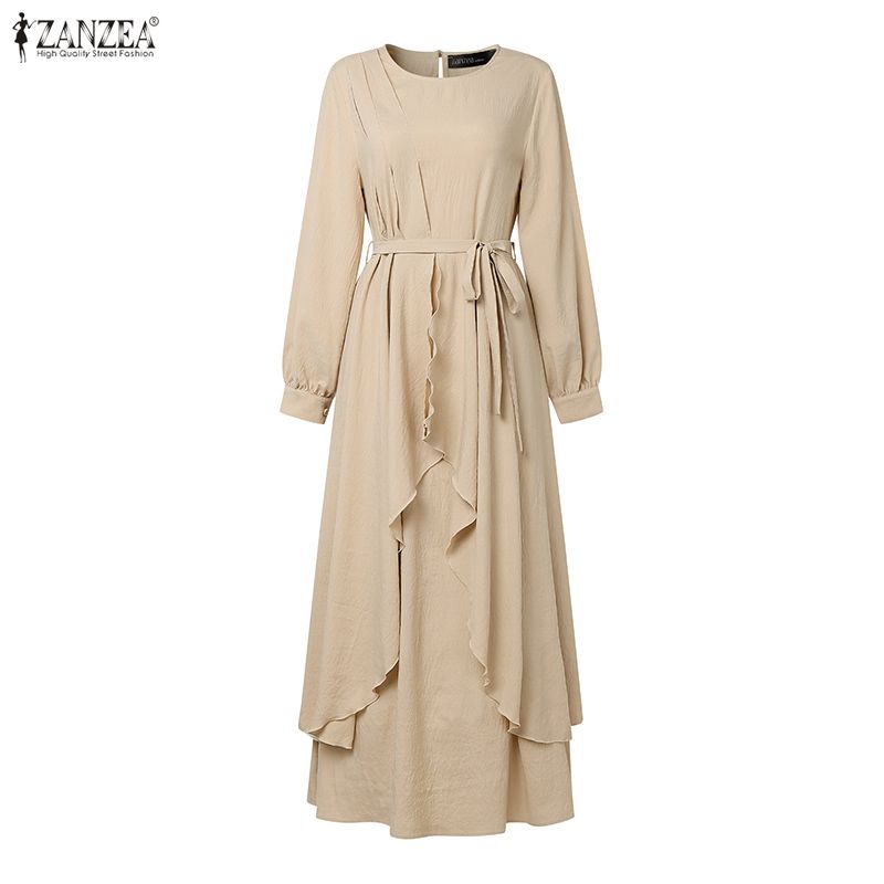 ZANZEA Женское повседневное платье с круглым вырезом, длинным рукавом и свободного кроя, мусульманское