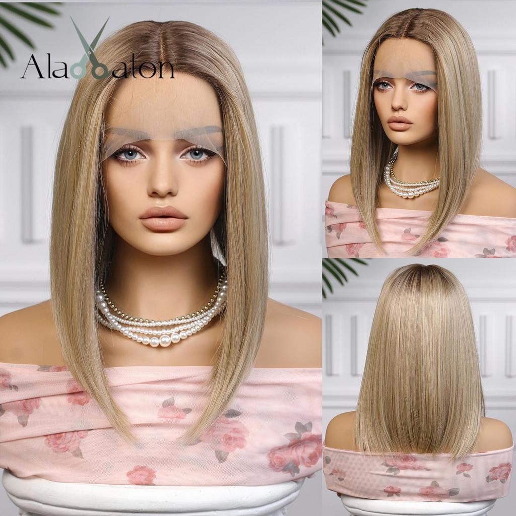 ALAN EATON Длинные прямые парики из кружевных волос, парик с эффектом омбре, блонд, коричневый, с челкой, термостойкое волокно