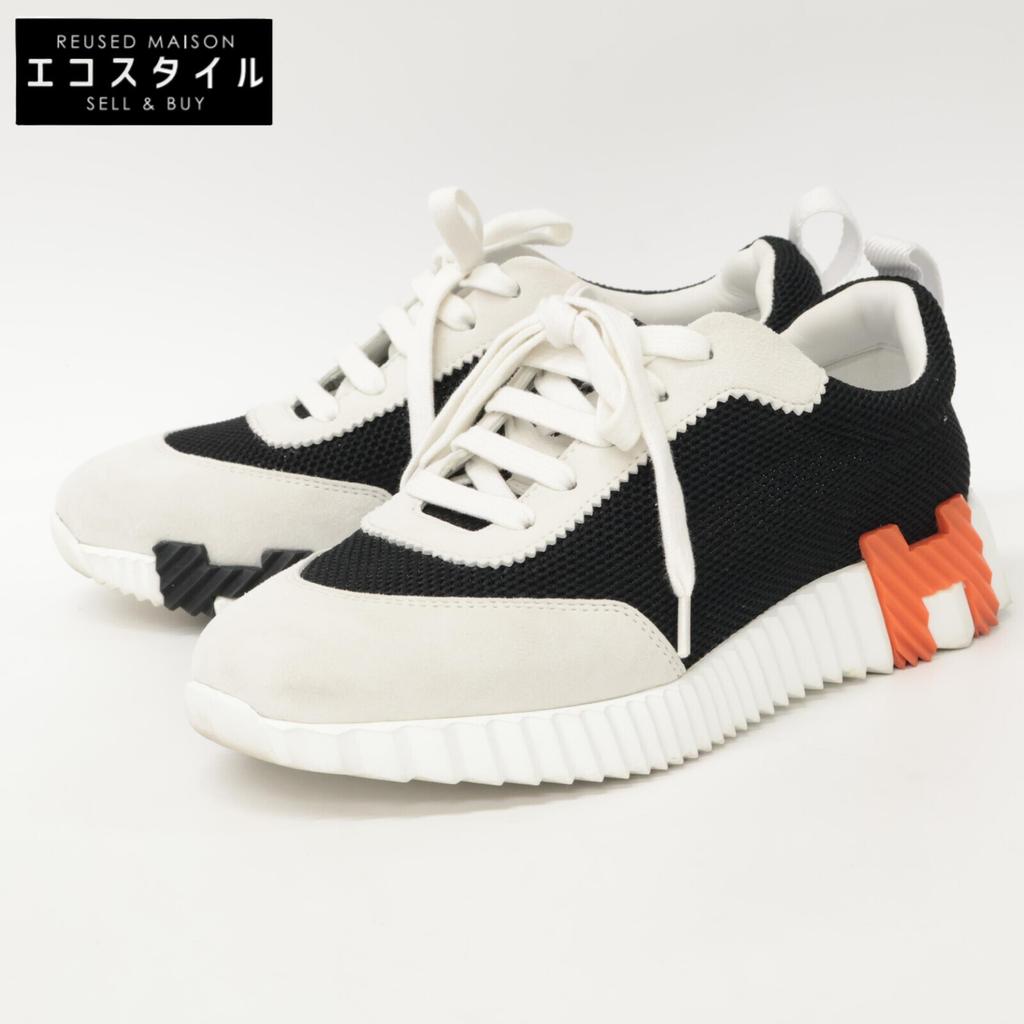 Hermes [Excellent Condition] H221177Z Bouncing Air Mesh X Ghost Skin Suede with H Logo Shoes 37 Noir / BlancUsed