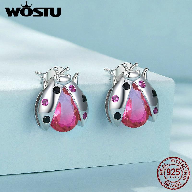 WOSTU Женские серьги-гвоздики из стерлингового серебра 925 пробы с розовой божьей коровкой, многоцветные серьги с турмалином с цирконием, открытые серьги-гвоздики, зажимы для вечеринок, ювелирные изделия, подарок