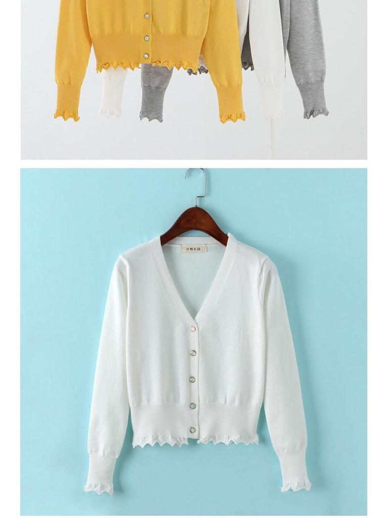 Женский трикотажный кардиган в корейском стиле с завышенной талией — длинный рукав, кружевная отделка, короткая длина.