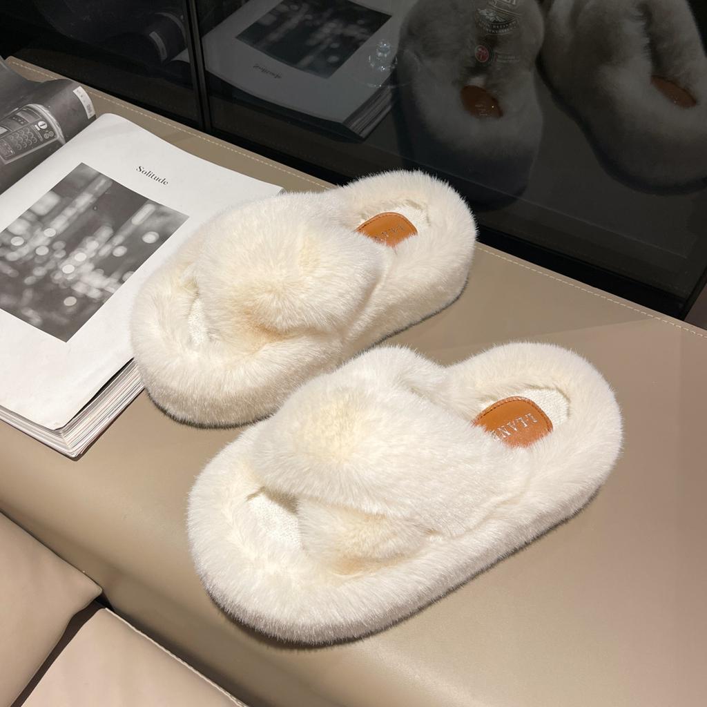 Winter Women Home Indoor Casual Fuzzy Slippers Female Flip Flops Fluffy Shoes Cross Slides Ladies Soft Plush Slippers Size 35-41
