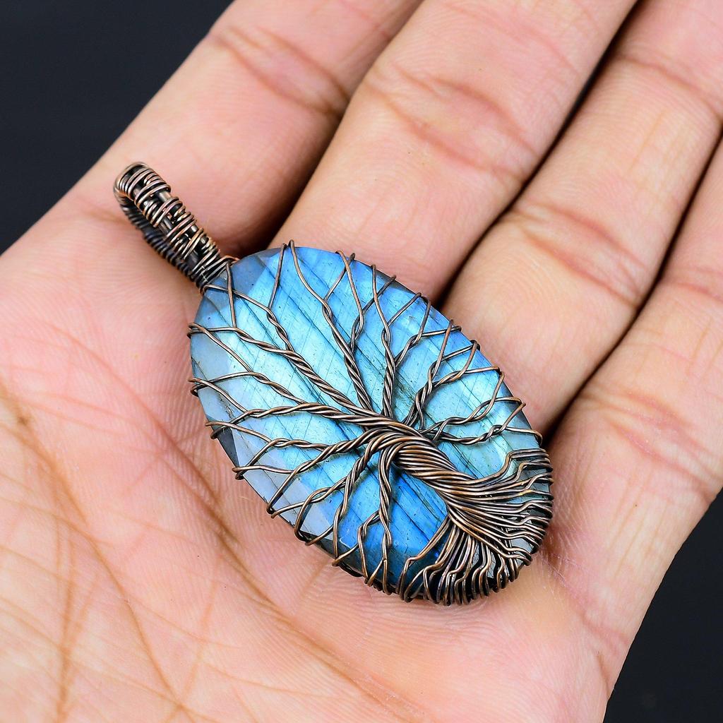 Древо жизни лабрадорит драгоценный камень медная проволока обернутая подвеска ручной работы ювелирные изделия для новогоднего подарка