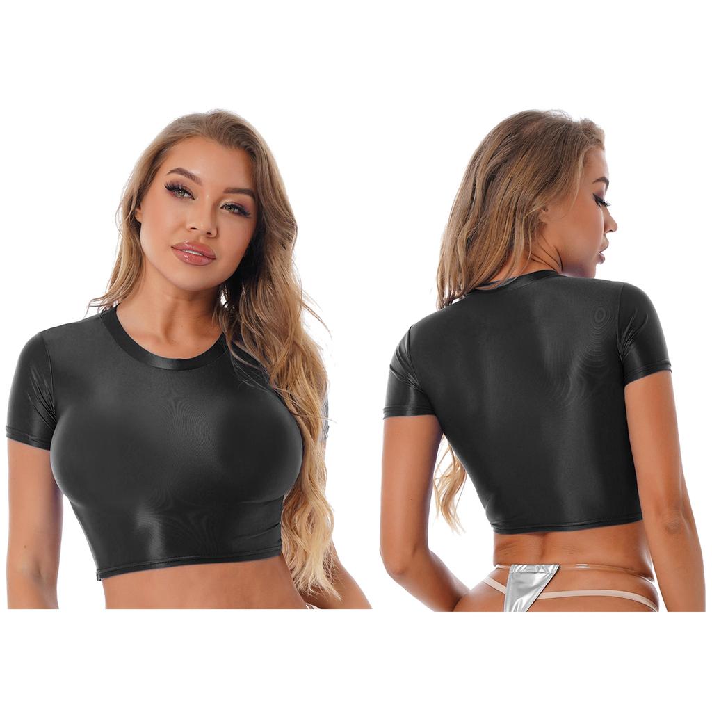 Womens Smooth Short Sleeve Crop Top Solid Color Round Neck Slim Fit T-shirt Sportswear Swimwear