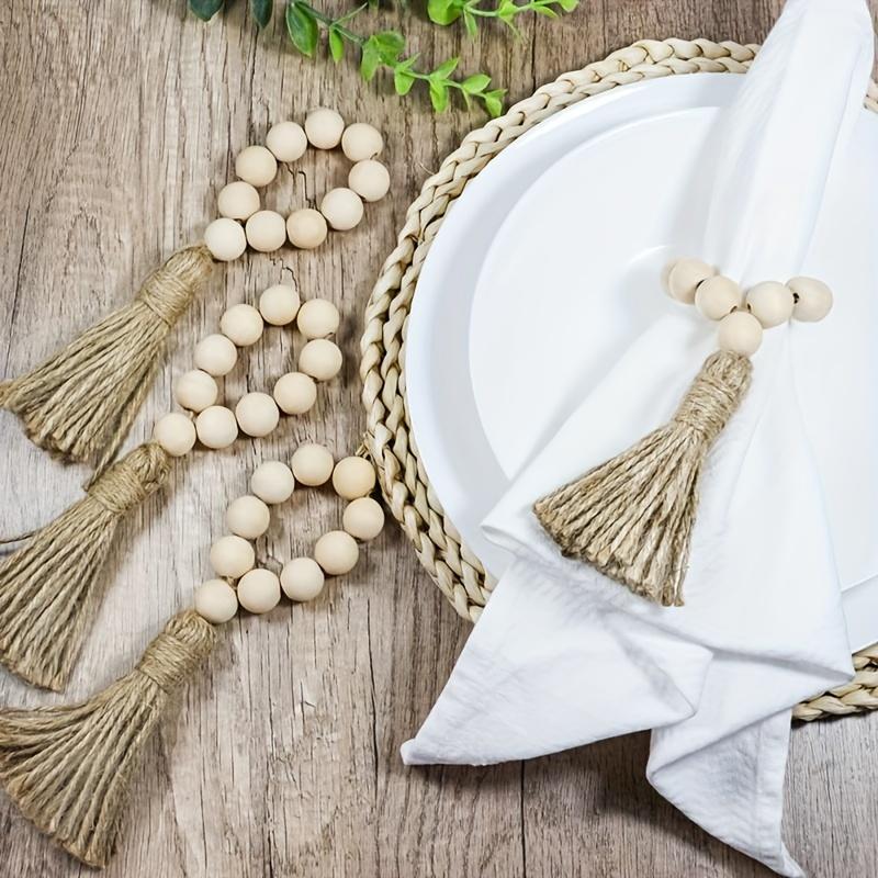 Европейско-американский пасторальный набор колец для салфеток 6 шт. Деревянные бусины Бахрома Ручная работа Бечевка Пряжка для салфеток