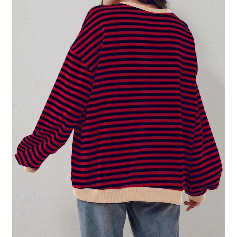 Женская осенне-зимняя полосатая толстовка с круглым воротником Color Collision Loose с длинным рукавом