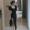 New Summer 2025 Black French Puff Sleeve Slim Fit Dress with Long Slit for Women