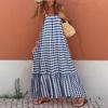 Boho Sleeveless Maxi Dress for Women Summer Flowy Backless Long Dress Casual Beach Ruffle Swing Sundress