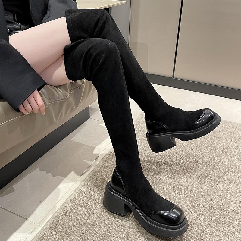 Черные эластичные сапоги длиной до колена на толстой подошве для женщин 2024 года, осень и зима, пикантные женские носки для тонких и длинных носков, женские