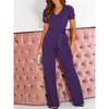 Women Short Sleeve V Neck High Waist Solid Color Jumpsuits Casual Wide Leg Belted Rompers