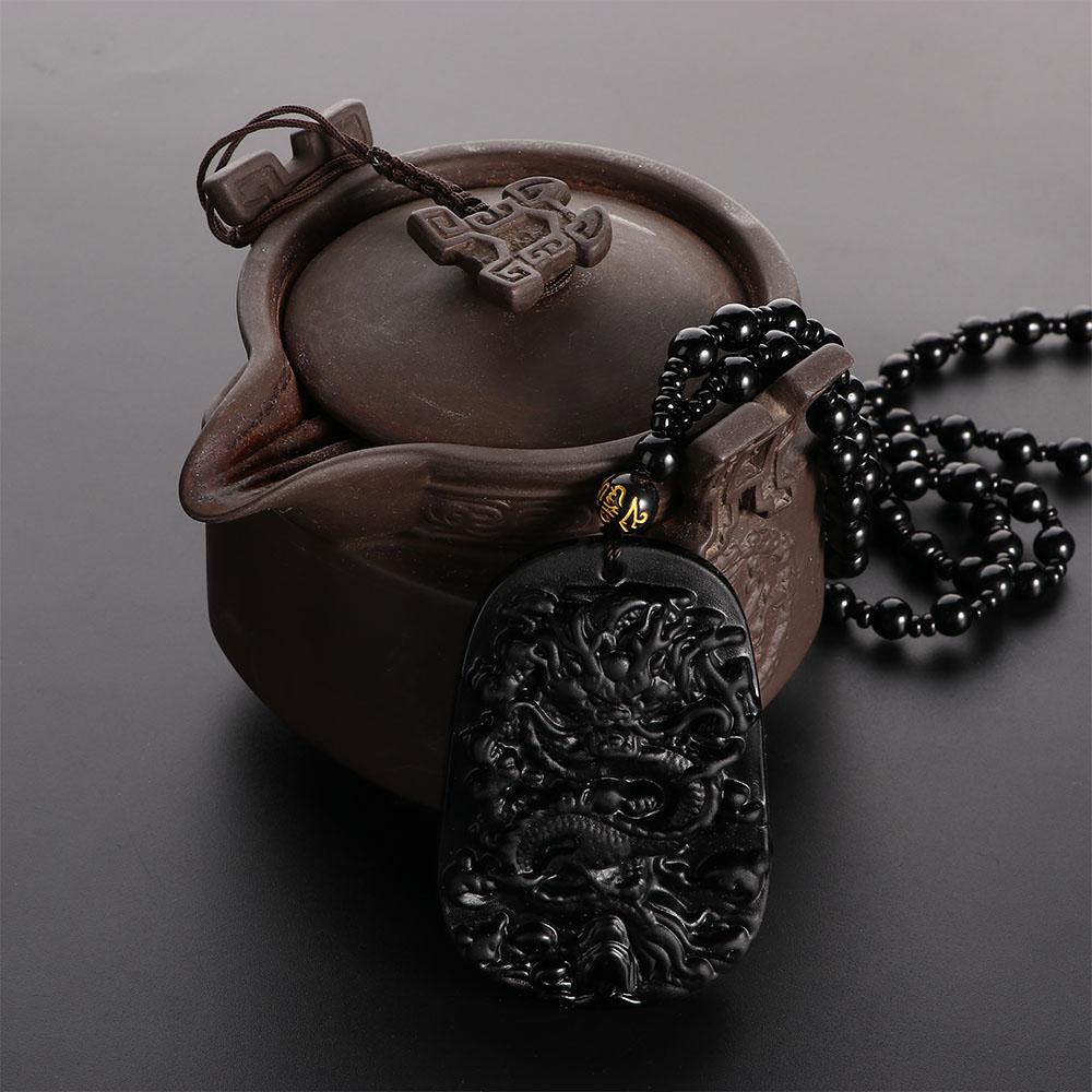 Ювелирный шнур Благоприятная цепочка из бусин Черный натуральный обсидиан Резная подвеска Ожерелье Тотем Дракона