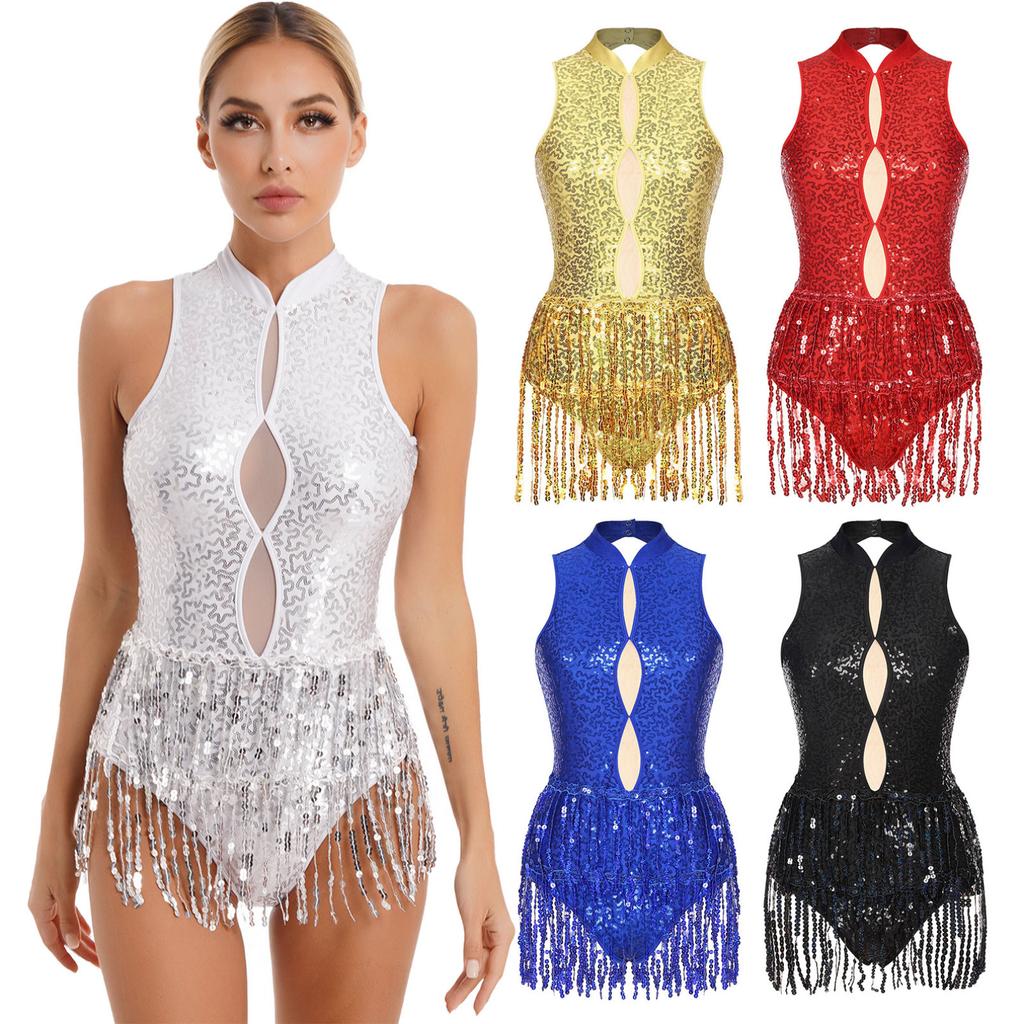 Women's Shiny Sequins Tassel Latin Jazz Dance Leotard Backless Fringed Bodysuit Lyrical Dance Costume