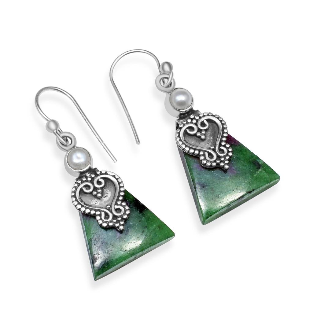 Ruby Zoisite with Tiny Pearl Gemstone 925 Sterling Silver Handmade Drop Dangle Earrings for Women & Girls